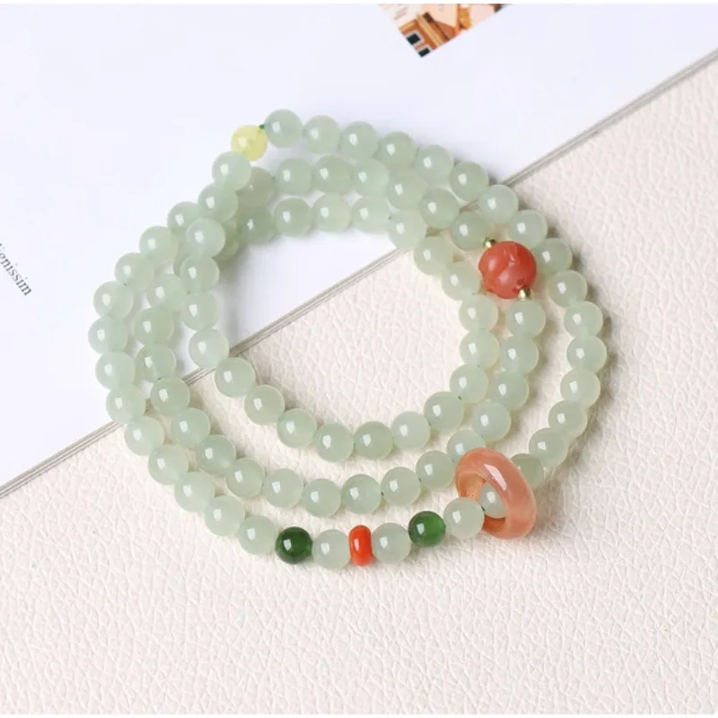 Natural Hetian Jade Qing Shui Triple Wrap Bracelet Green Jade Multi Loop Beaded Necklace for Women Gifts