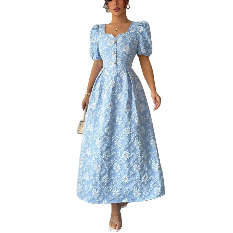 2025Elegant Dress with Small Daisy Embossing Short SleeveALine skirt