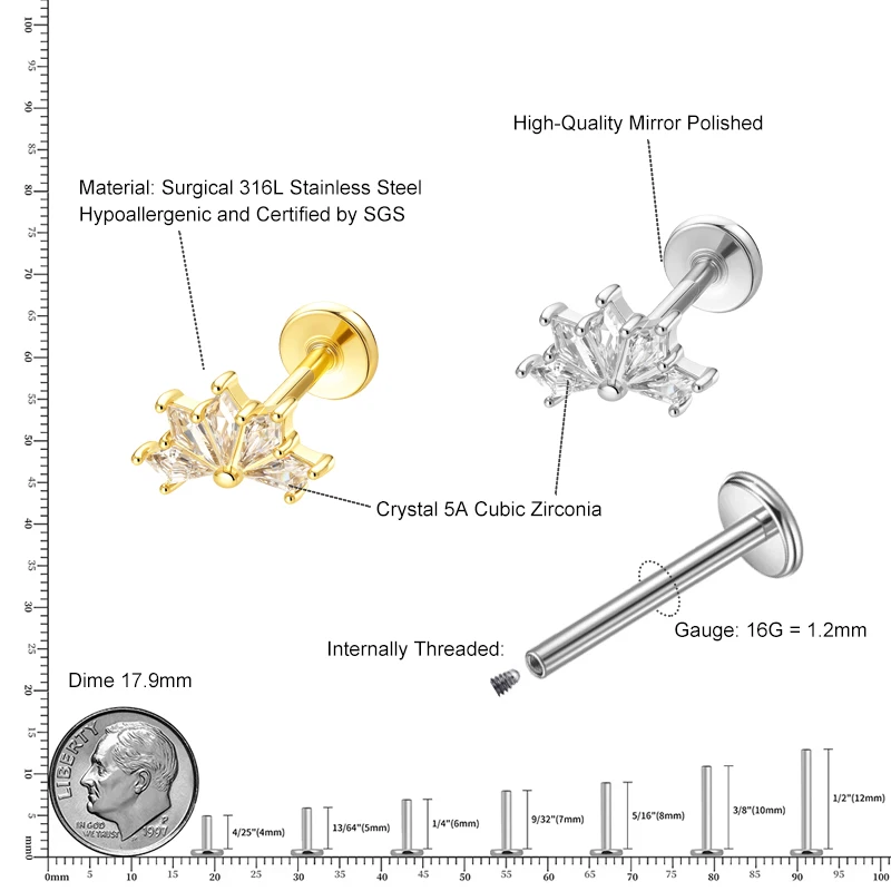 316L Stainless Steel Stud Earrings with Crystal CZ, 16G Internally Threaded Labret Flat Back Ear Studs for Sensitive Ears Tragus
