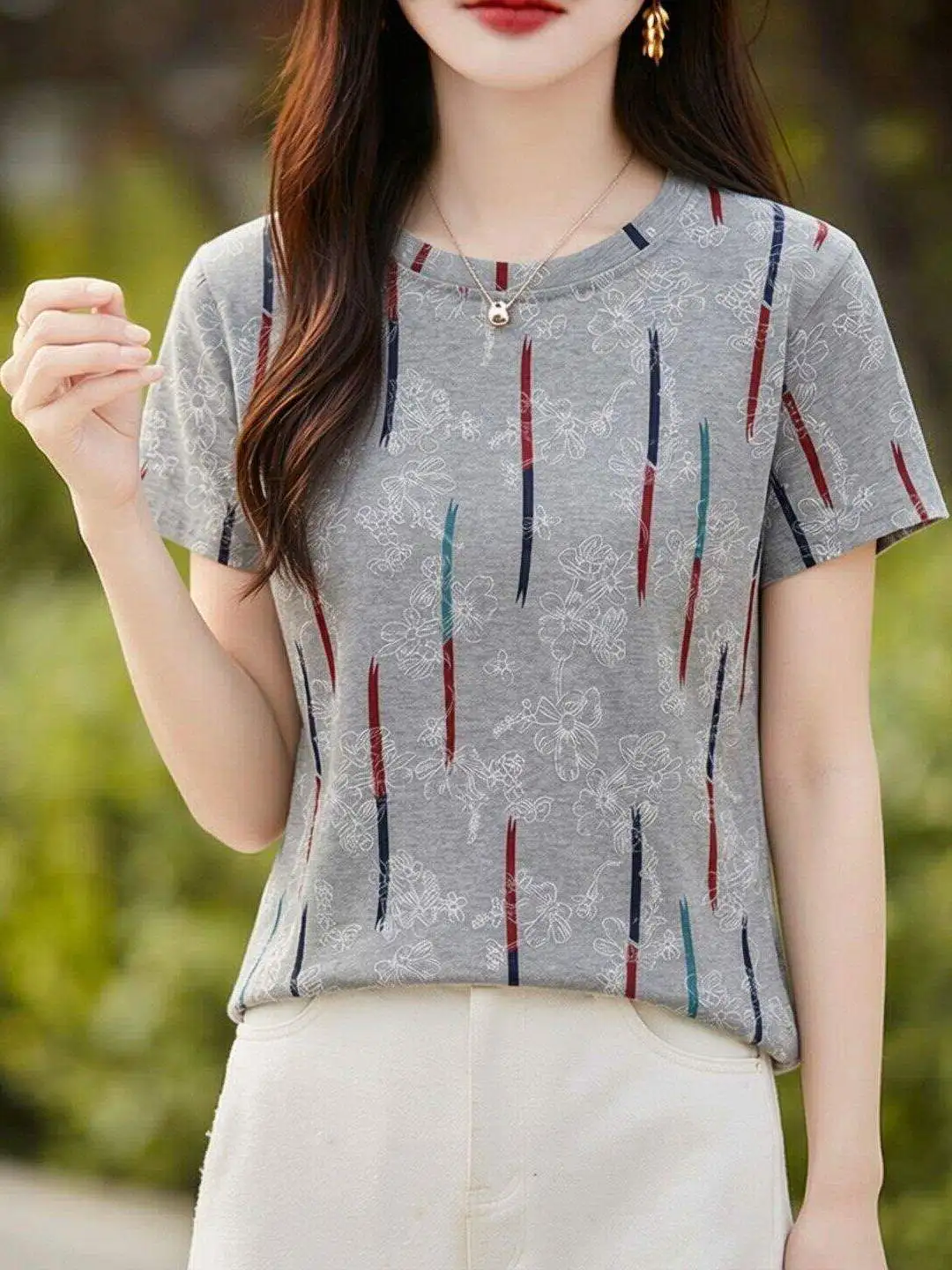 

Korean Style Loose Short Sleeve T-Shirt Women's Fashionable Beautiful Shirt Polyester Fiber Print Summer Top for Middle-Aged ...