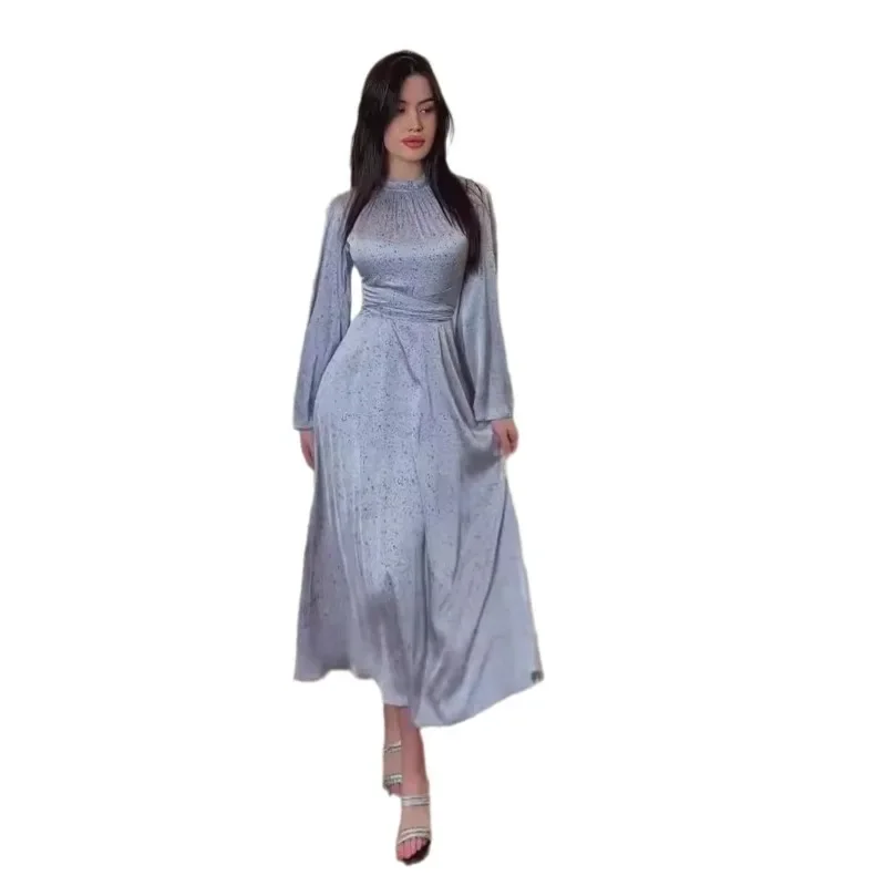 

Fashion solid color spring gentle wind lace-up satin print lady style dress long dress S9115