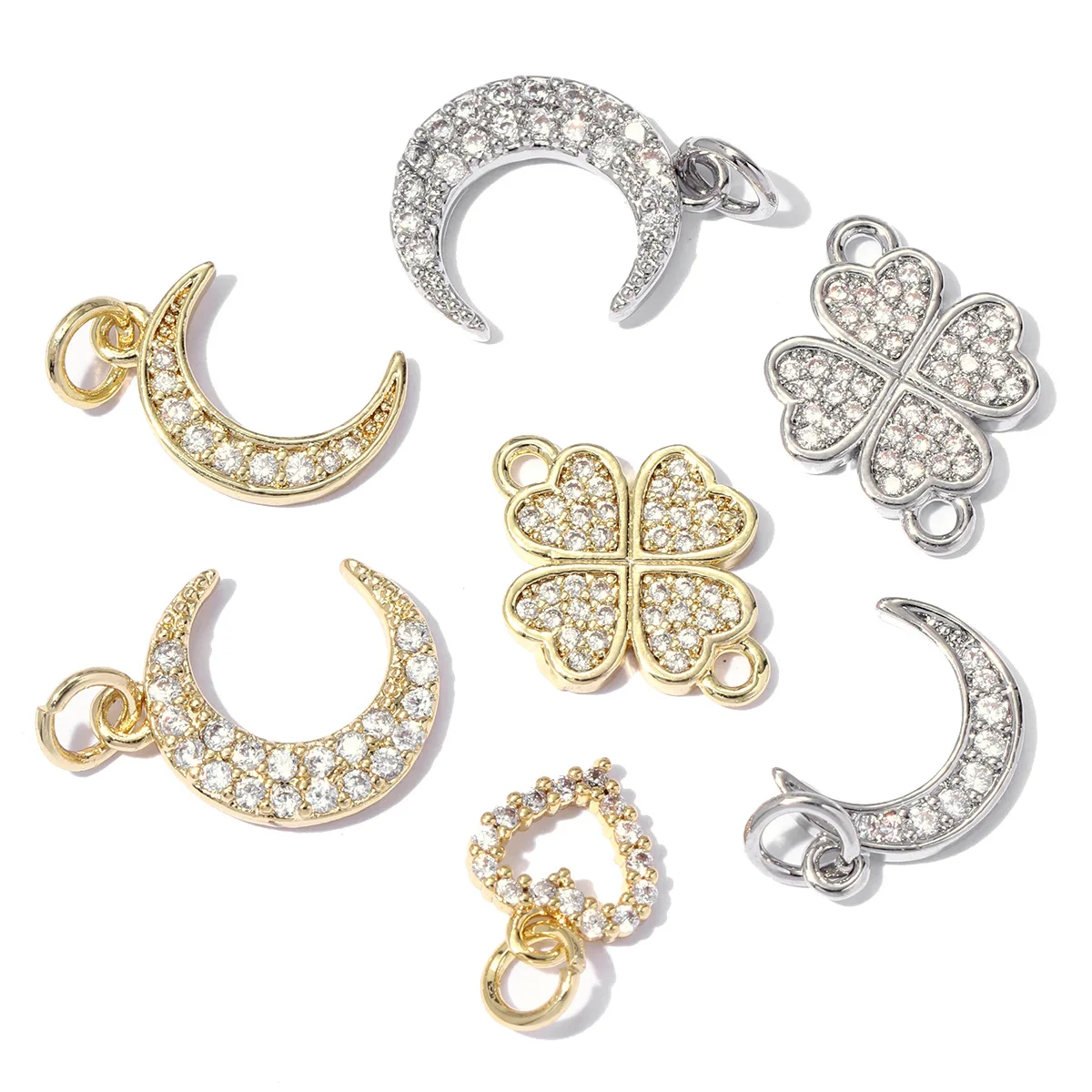 

5pcs/Lot 18k Real Gold Plated Moon Crescent Necklace Bracelet Pendant Copper Zricon Clover DIY Connector Charm Women Jewelry