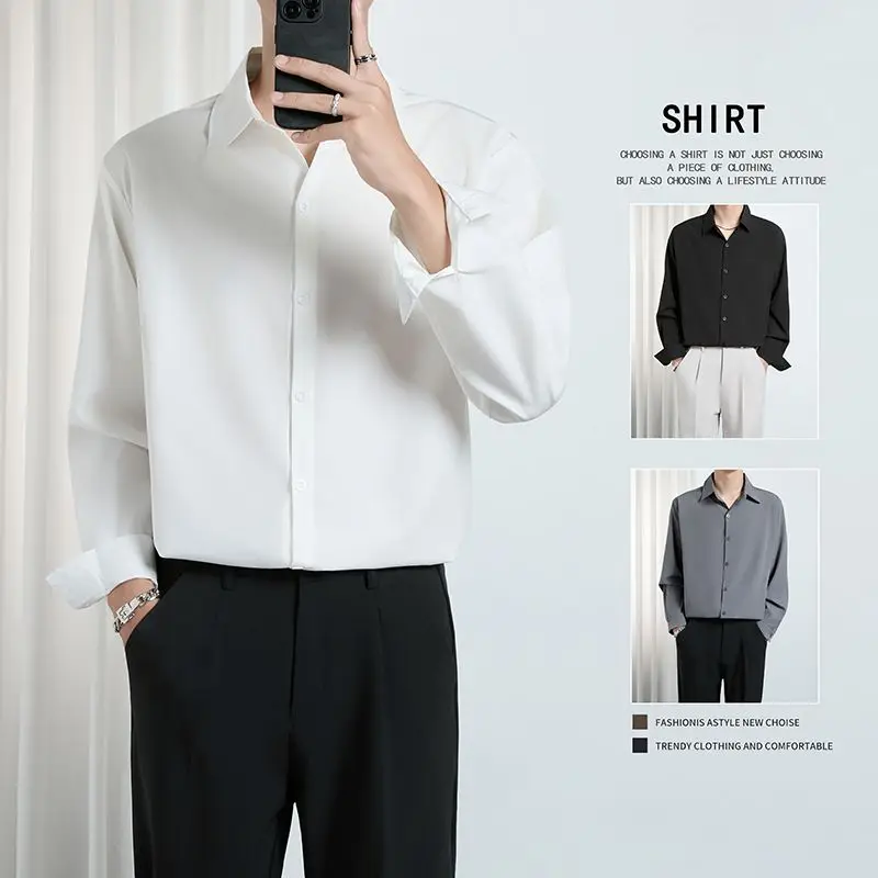 

Мужская свободная рубашка на весну-осень, корейский стиль, премиум-качество, драпировка, однотонная, не требует глажки, городской стиль, полиэстер