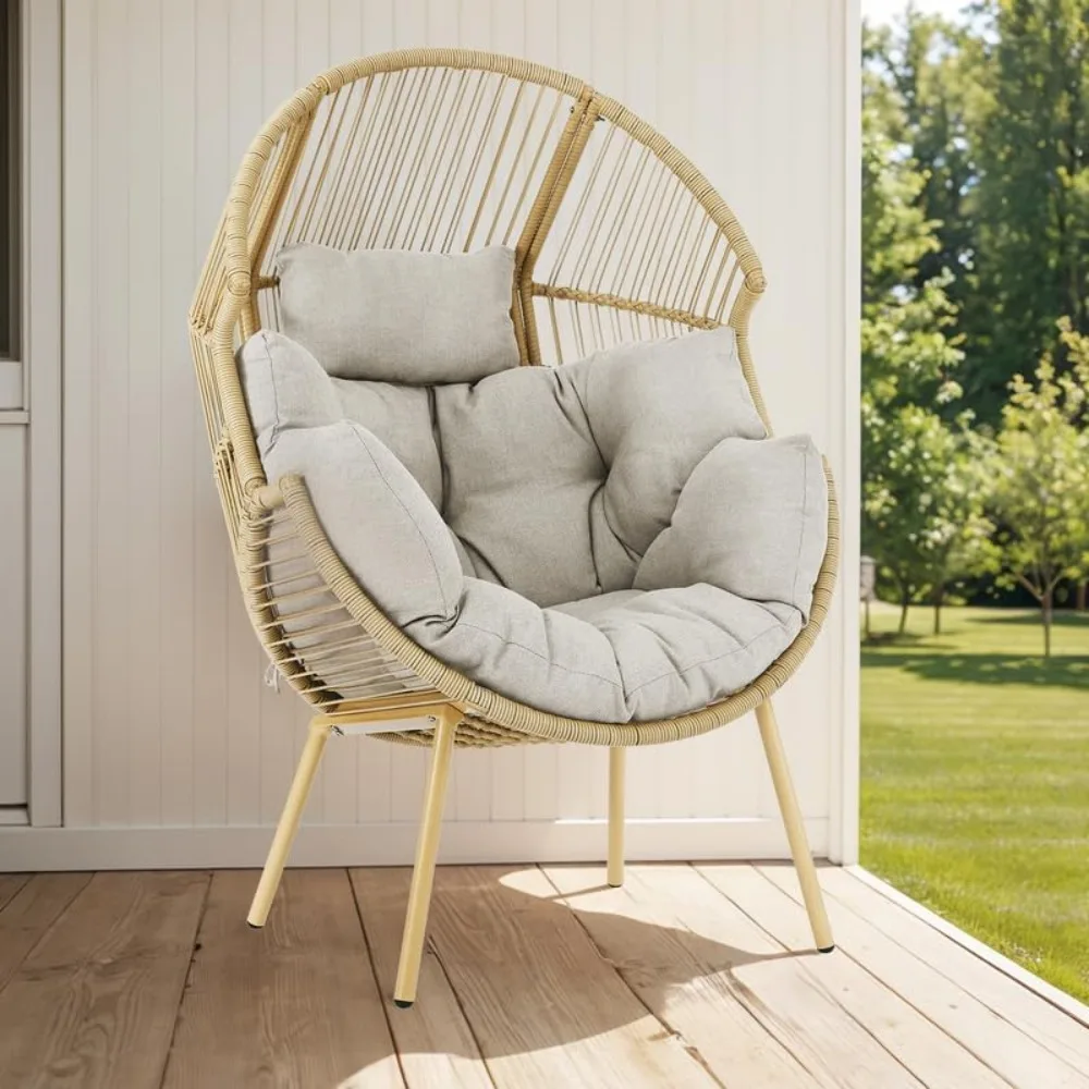 كرسي Belord للأماكن الخارجية على شكل بيضة من الخيزران - كرسي صالة بيض فردي بسعة 300 رطل مع وسادة مقاومة للماء للشرفة B #4