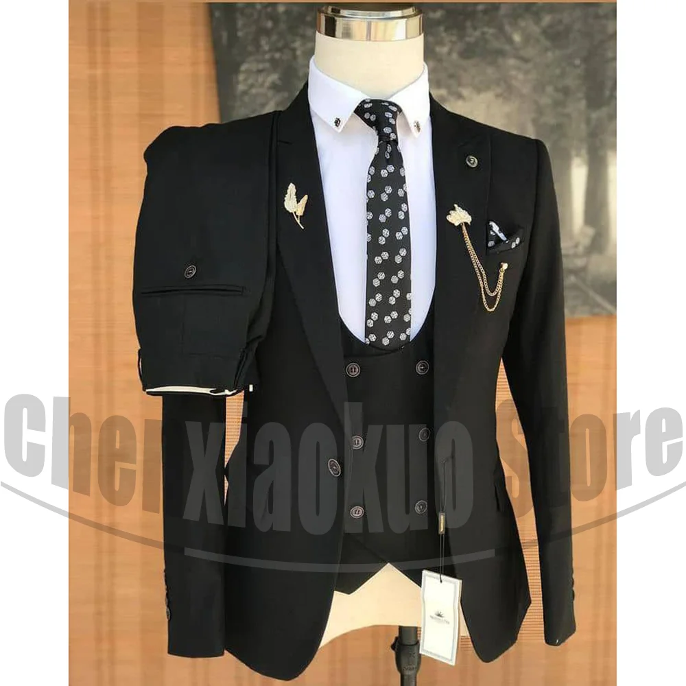 Mens Black Three Piece Suit Peak Lapel One Button Blazer Vest Trousers Formal Wedding Groomsmen Slim Fit Party Tuxedo For Men
