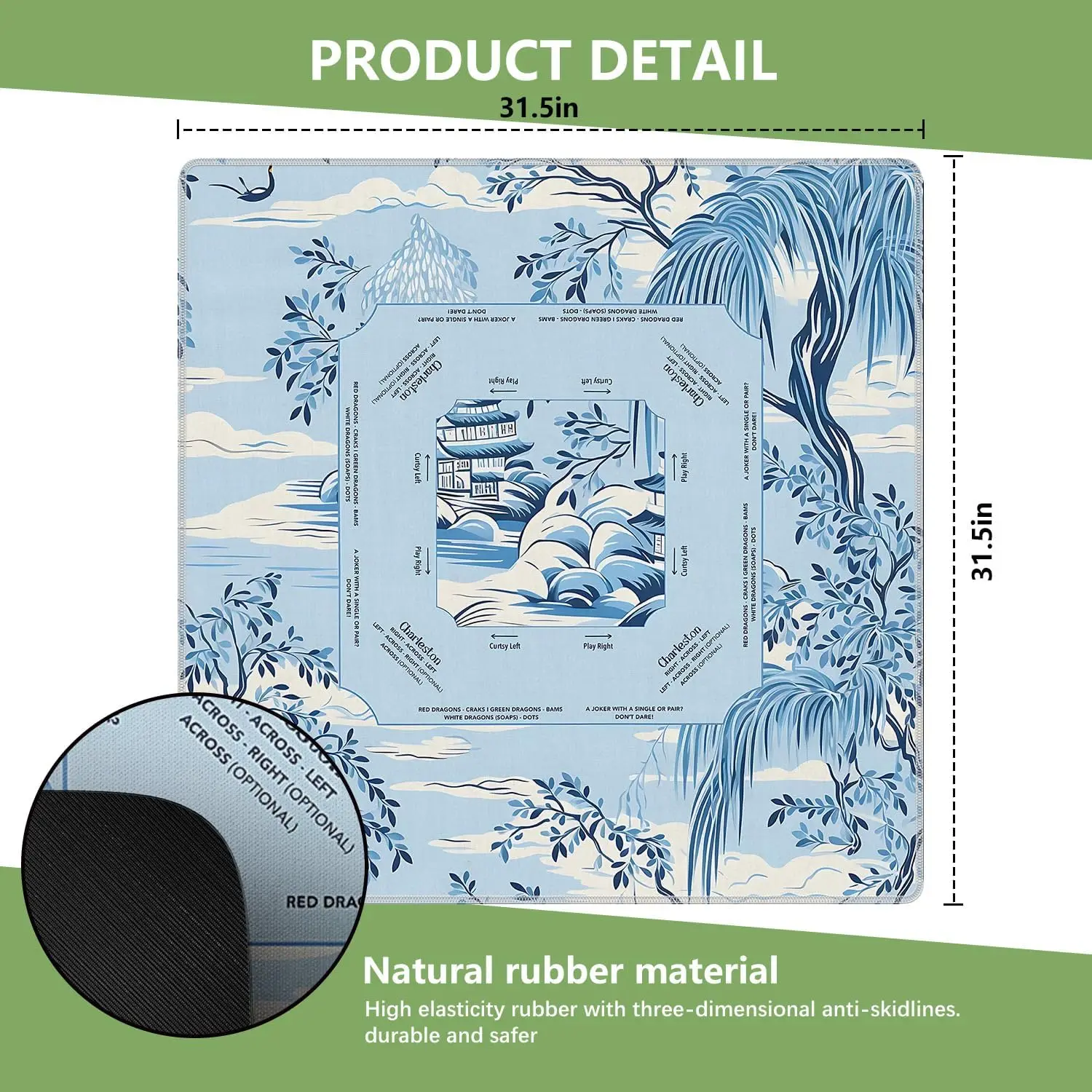 Blue White Chinoiserie Mountain Mahjong Mat 31.5