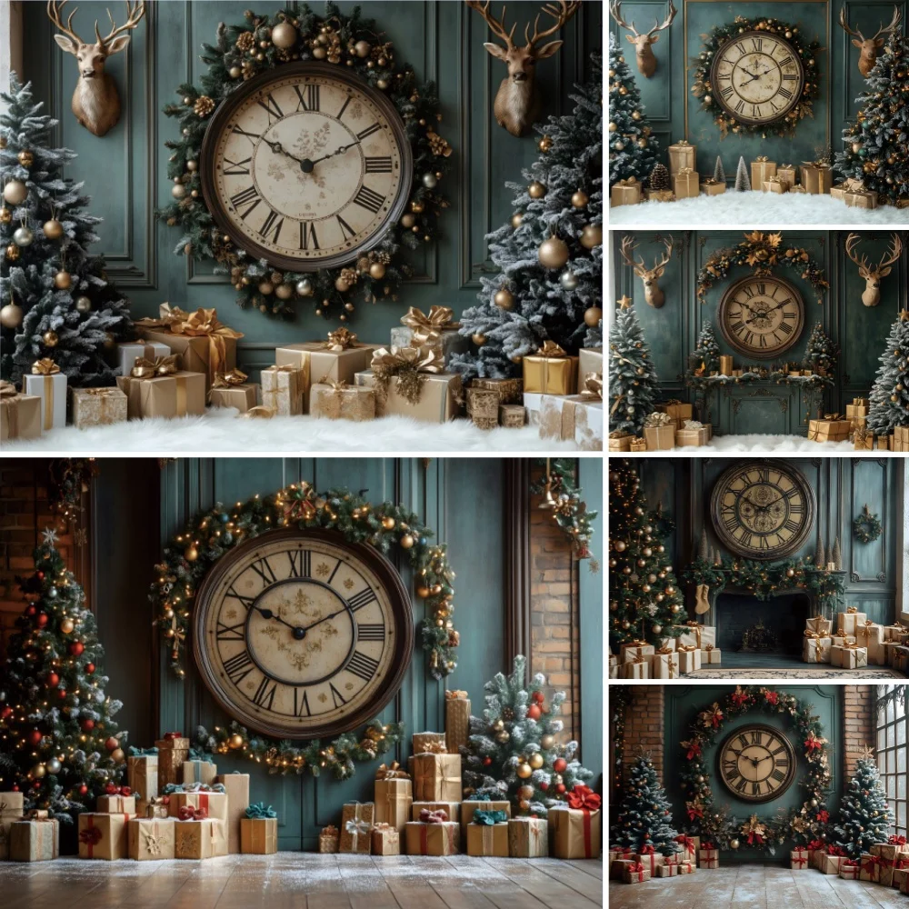 Yeele Photography Backdrop Christmas Vintage European Style Big Clock Xmas Tree Gifts Family Party Holiday Decor Banner Props
