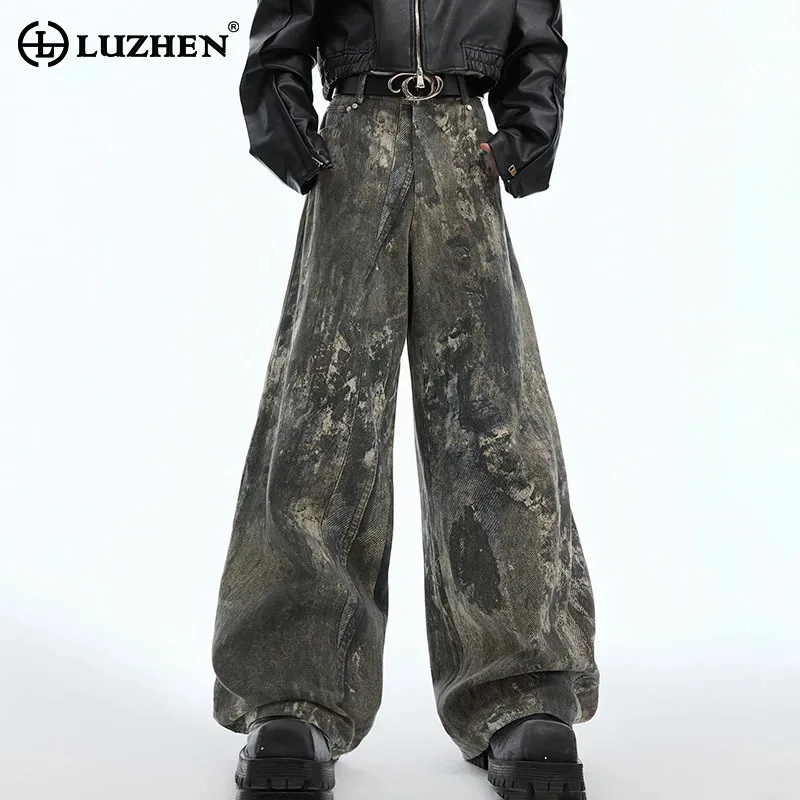 

LUZHEN Jeans Straight Original Scrawl Wornout Design Trendy High Street Casual Denim Pants Autumn Male Loose Trousers LZ5508