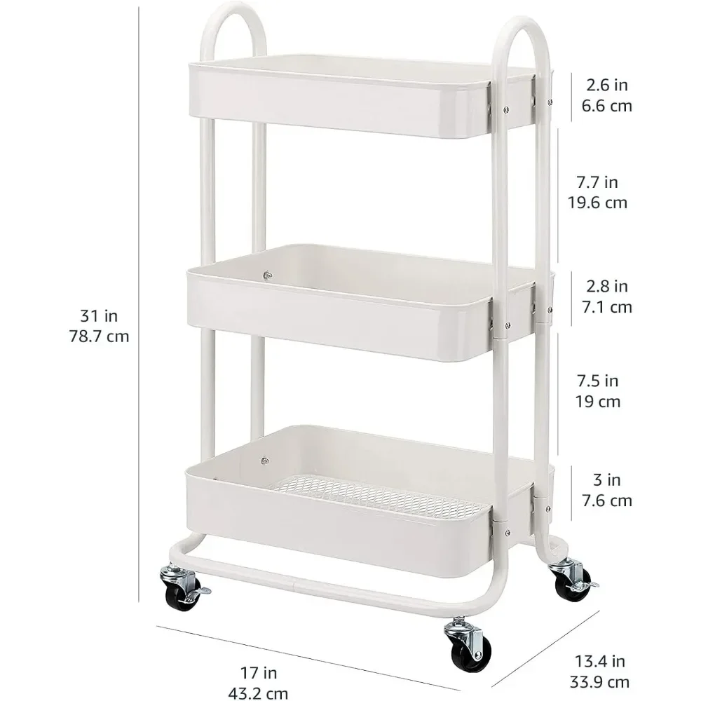 3-poziomowy wózek na kółkach lub wózek kuchenny — 13,35" głębokość x 17" szer. x 31" wys., biały