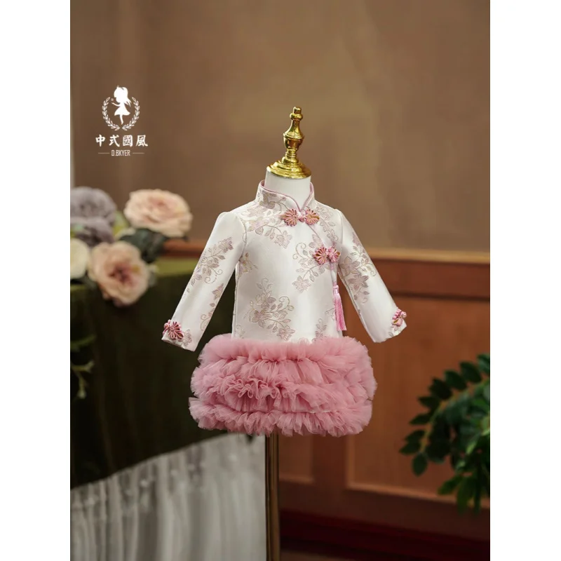 2025Girls' New Thickened High-End Embroidery Tangzhuang Dress Princess Dress2-3Years Old