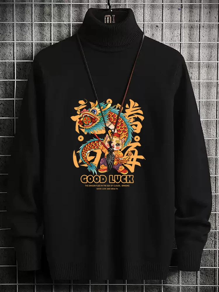 

Dragon Year Men's High Collar Fce Lined Thiened Knitted Sweater Warm Autumn Winter Faion Brand Slim Fit Flip Knitwear