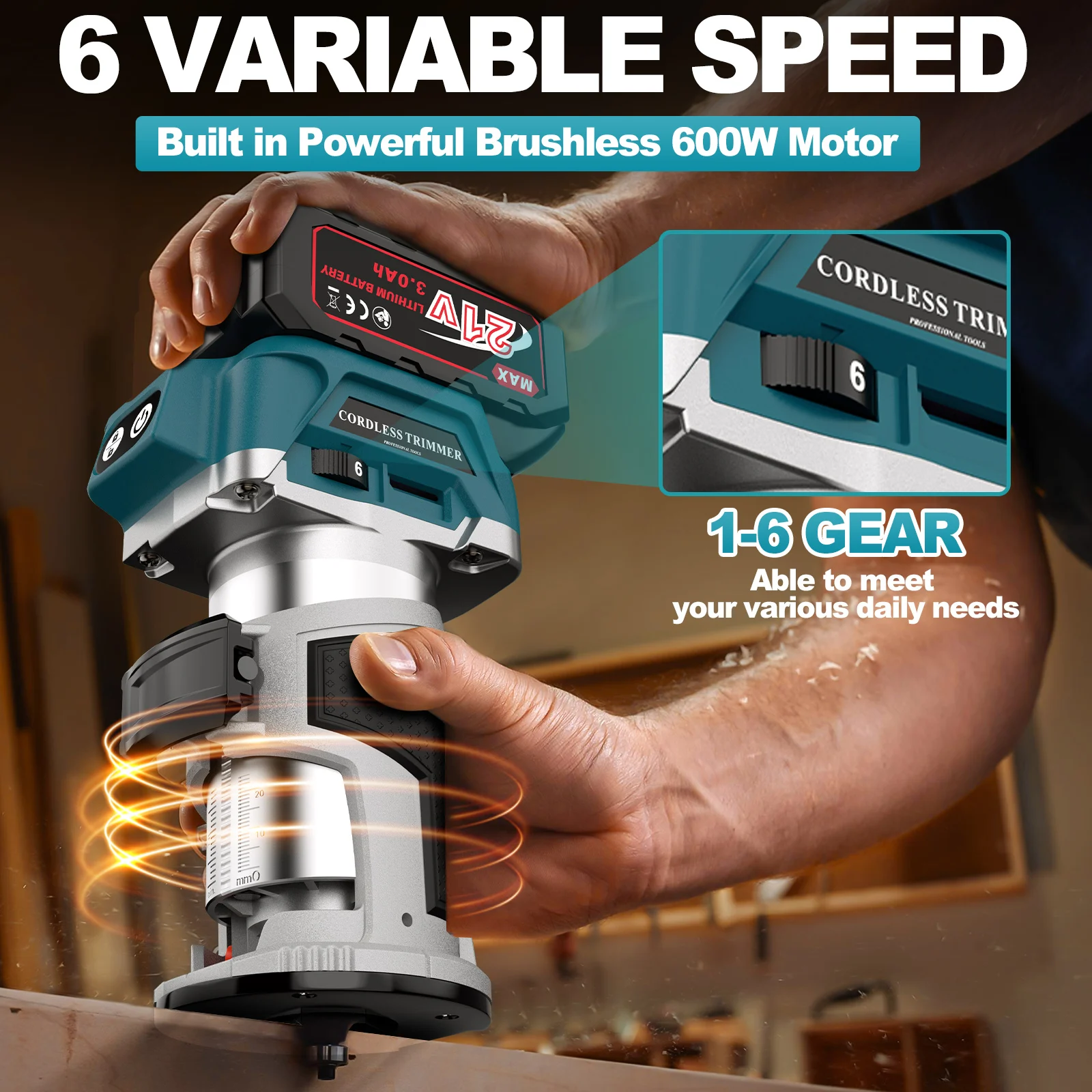 

Electric Trimmer 6 Speeds Cordless Wood Router Woodworking Engraving Slotting Power Tool Brushless Hand Trimmer for Makita 18V
