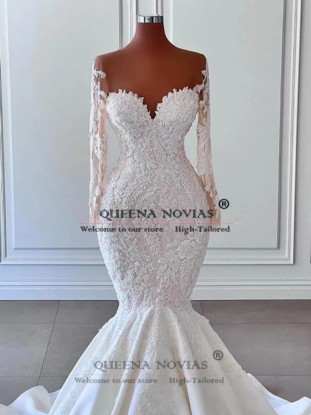 Abiti da sposa eleganti con scollo a O con applicazioni in pizzo Sposa africana Matrimonio Abiti da sposa a sirena in raso Abito da ricevimento personalizzato per donna