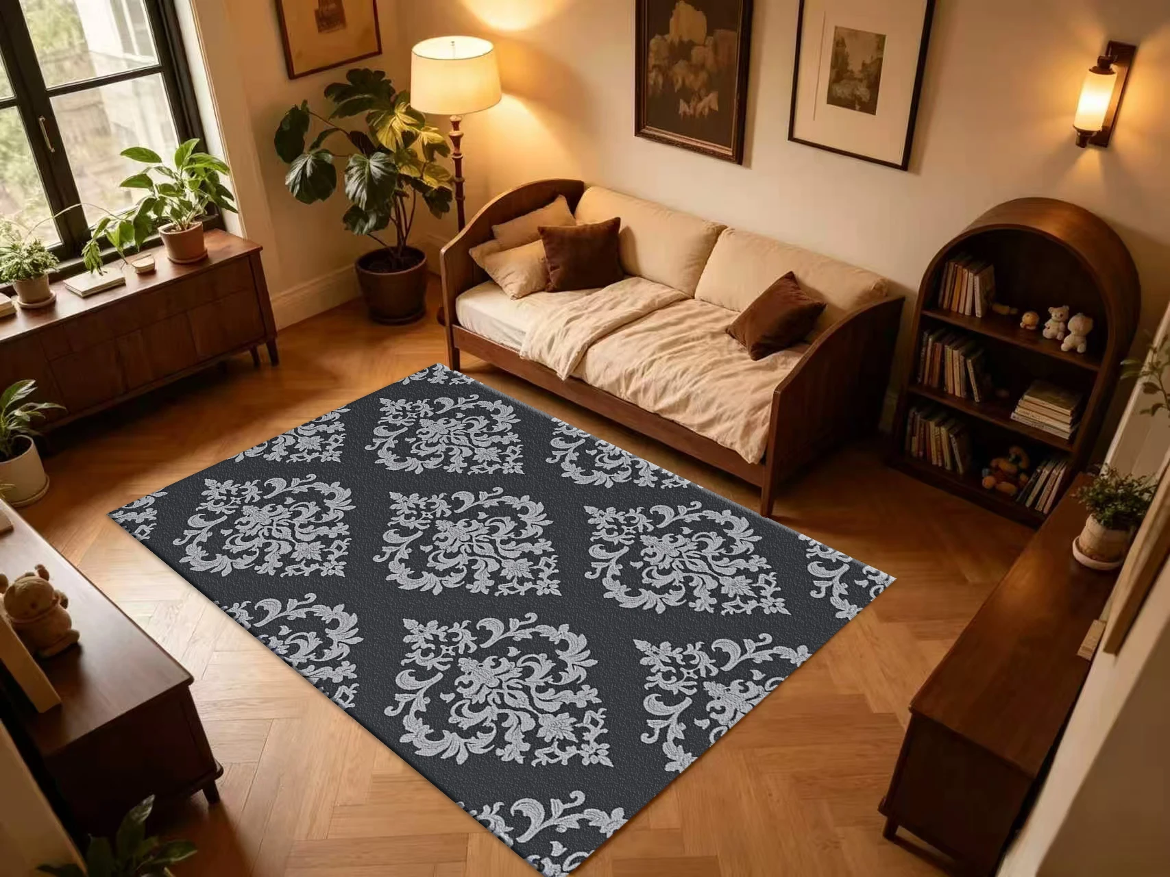 Dark Grey Damask Floral Carpet Flooring Vintage Ornate Baroque Seamless Pattern Floor Rug Classic Indoor Home Decoration