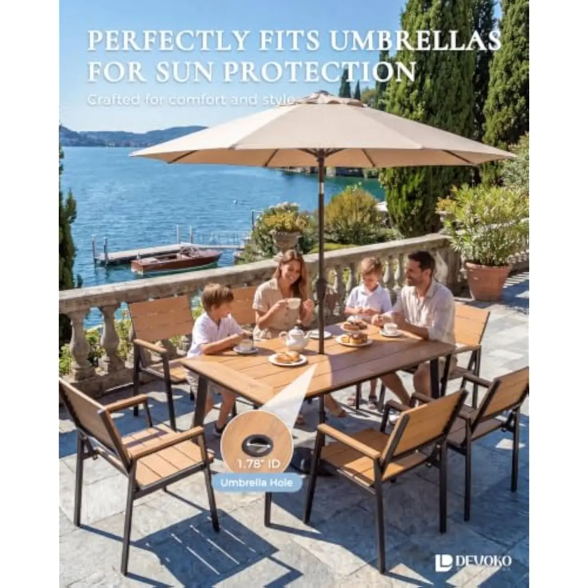 7-Piece Contemporary Outdoor Dining Set in Teak Finish Featuring Powder-Coated Aluminum Frame and HIPS Table Surface — 6 Chairs