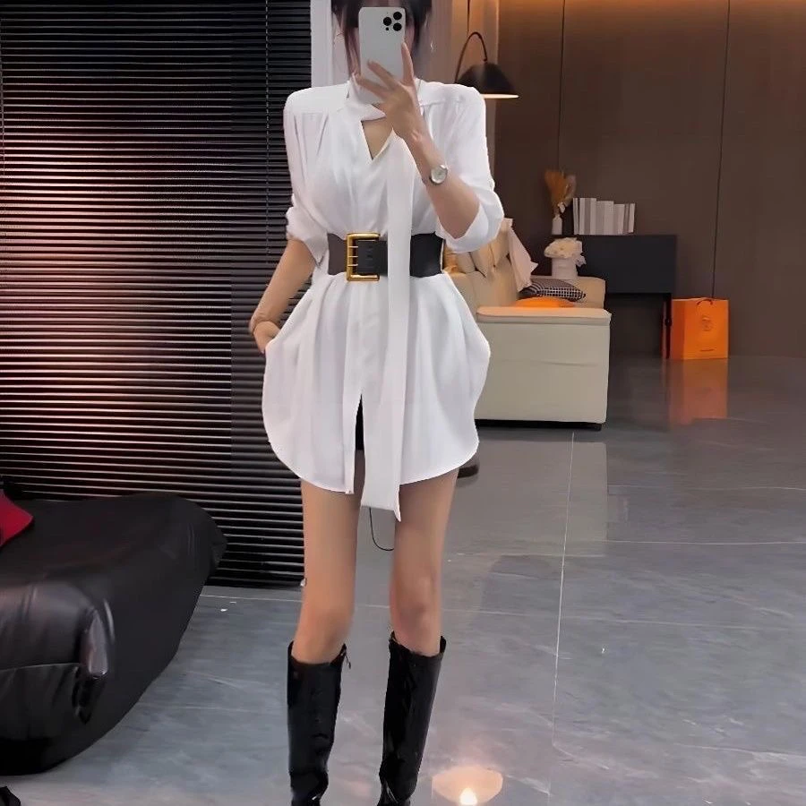 

Элегантная женская рубашка с длинным рукавом и поясом, модный трендовый стиль для офиса, V-образный вырез, средней длины, свободный крой, осенняя коллекция