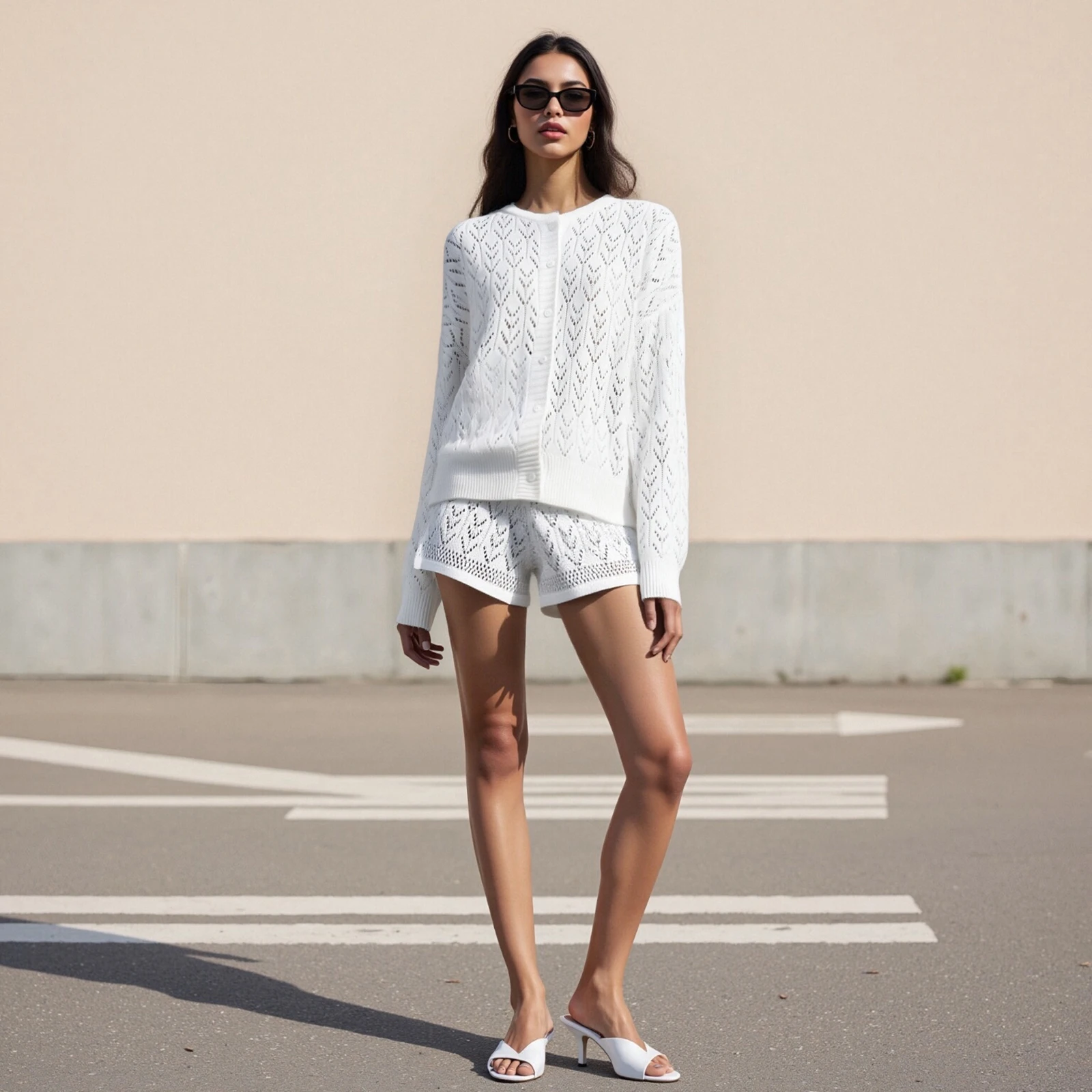 طقم ملابس نسائية منسوجة مكونة من قطعتين بأكمام طويلة وأزرار سفلية وصوفية علوية وسروال قصير ملابس للاستلقاء