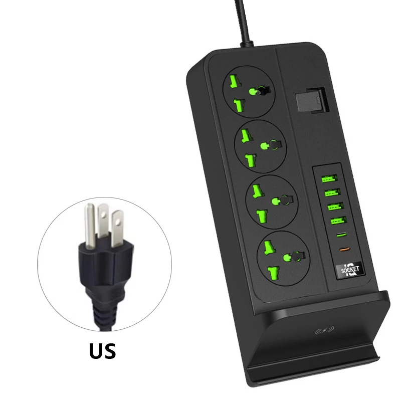 Tipo-C Faixa de Energia USB, 10 Portas, UE, EUA, UK Plug, Carregador do Telefone Sem Fio, Carregamento Rápido, Cabo de Extensão, Tomada Elétrica, Telefone Stander