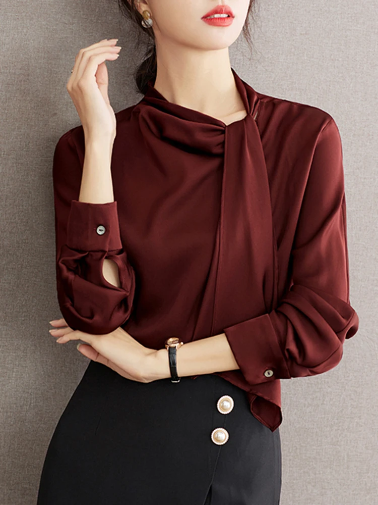 Women Clothing Casual Top Elegant Long Sleeve Shirts Vintage Solid Color Blouses Korean Style Loose Tops