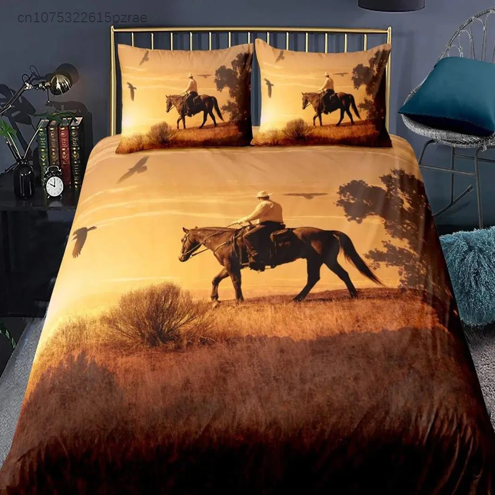 Horse Duvet Cover Animal Bedding Set For Kids Teens Western Cowboy Sunset Scenery Double Queen King Size Qulit Cover