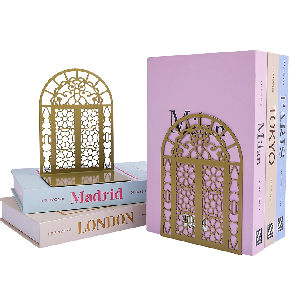 Vintage Metal Bookends Gothic Arch Door Design Iron Book Holder Decorative Bookshelf Stand for Home Office Library