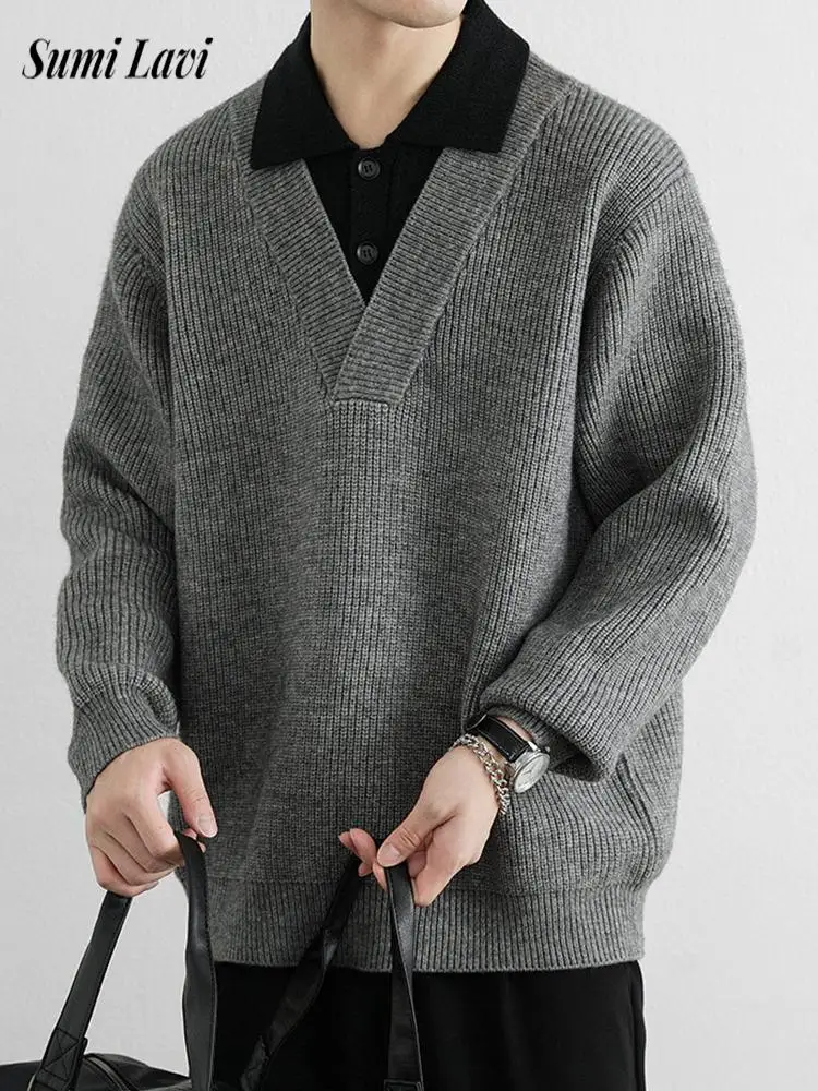 موضة المرقعة مزدوجة الطبقات بولو البلوزات الرجال Vintage زرر التلبيب متماسكة قميص بولو رجالي خريف شتاء عادية محبوك Polos #1