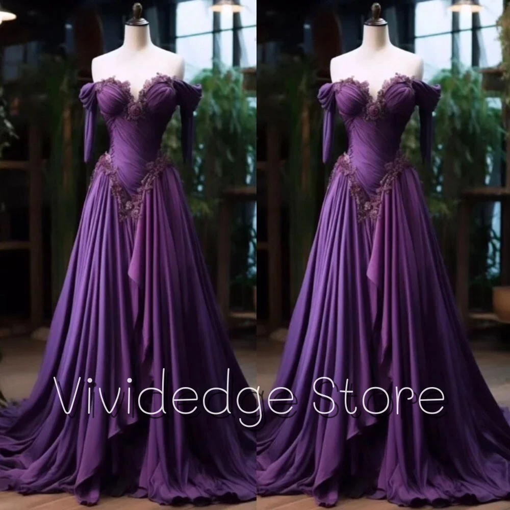 

Фиолетовое викторианское платье для выпускного вечера с изображением эльфа для косплея, с открытыми плечами и половиной рукавов, с кружевной отделкой, плиссированное вечернее платье трапециевидной формы по индивидуальному заказу