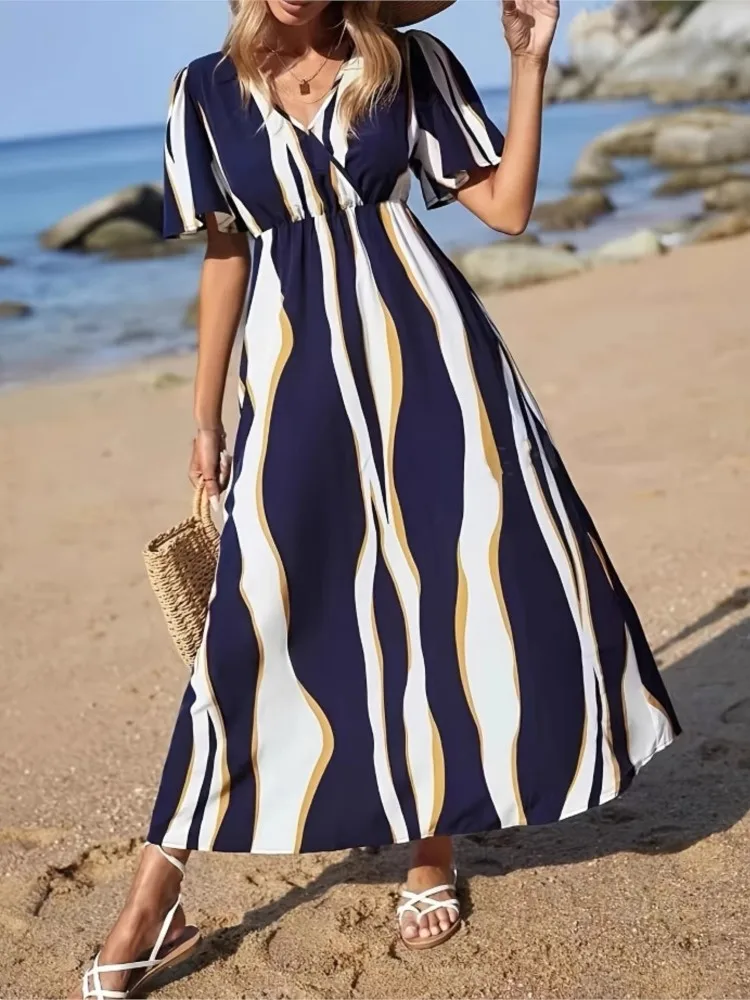 

Dresses 2025 Woman Simple Style Casual Beach Fashion Vestidos Short Sleeves Striped Contrast All-match Temperament Commuting Hot