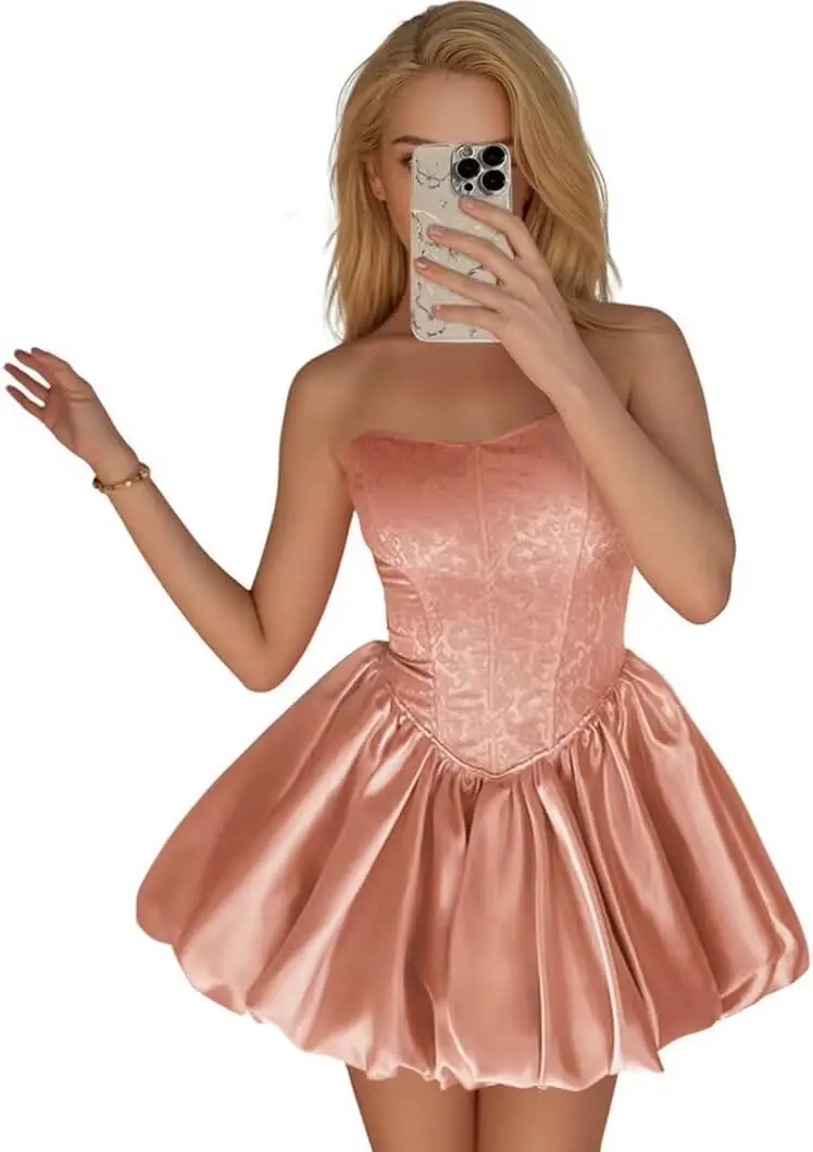 

Атласные платья для встречи выпускников без бретелек для подростков, жаккардовое короткое платье для выпускного вечера, коктейльные платья трапециевидной формы с карманами выше колена, мини