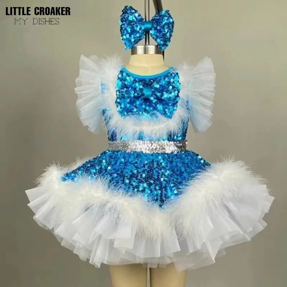 Vestido de baile de lentejuelas para niños, vestidos de dama de honor para niñas, vestidos de boda elegantes, azul, rosa, blanco y dorado, vestidos