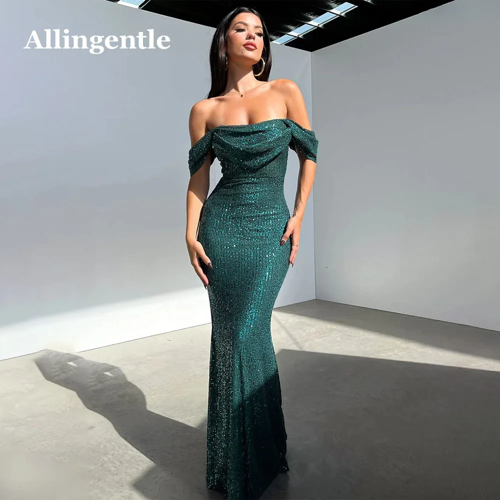 

Allingentle Green Off The Shoulder Mermaid Long Prom Dress for Women Pleated Floor Length Sparkly Sequin Formal Evening Dresses