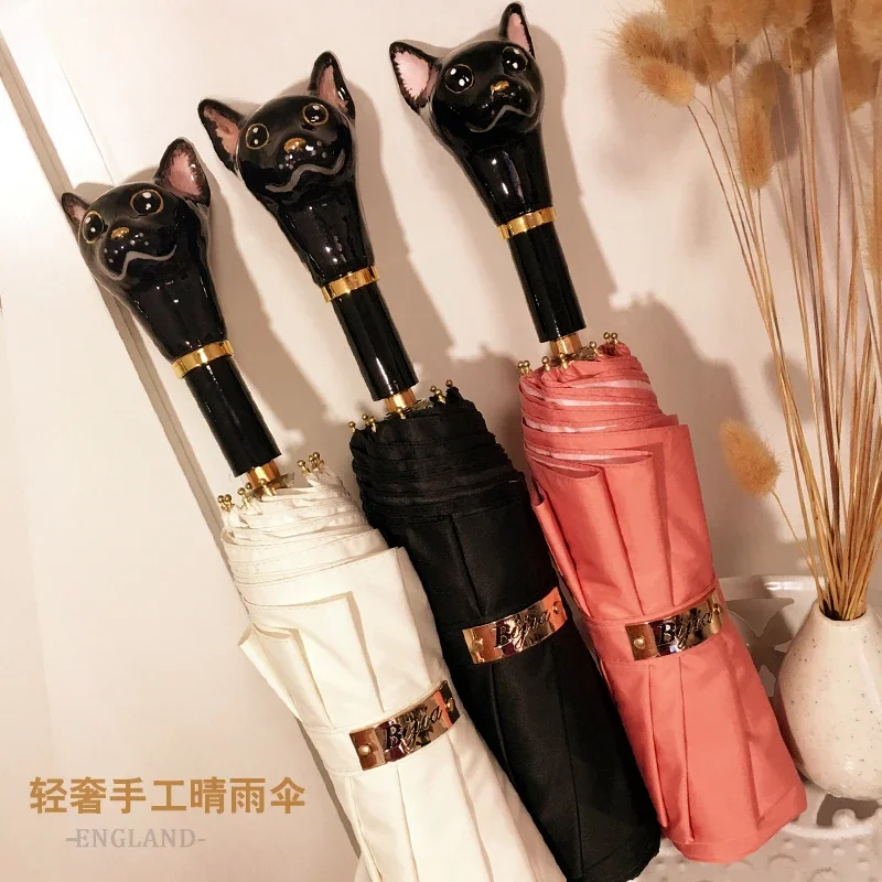 

Bijia Cat Head Umbrella Handle Sunny Umbrella Folding Sunny and Rainy Dual Use Sun Umbrella Women's UV Protection Black Rubber S