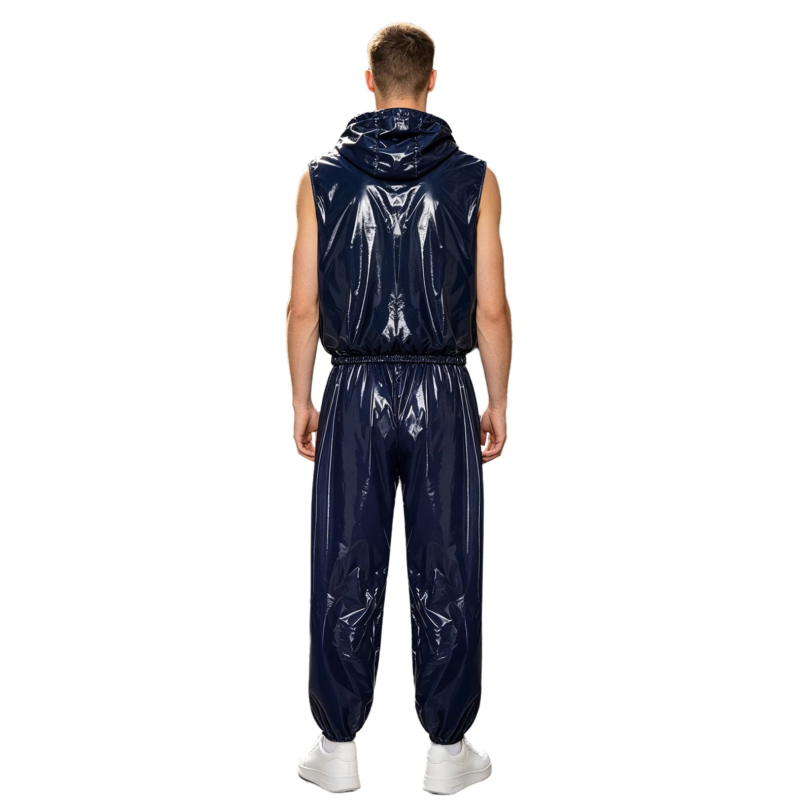 Mens Wet Look Waterproof Tracksuit Front Zipper Sleeveless Vest Tops with Detachable Hood And Jogging Pants for Workout Cycling
