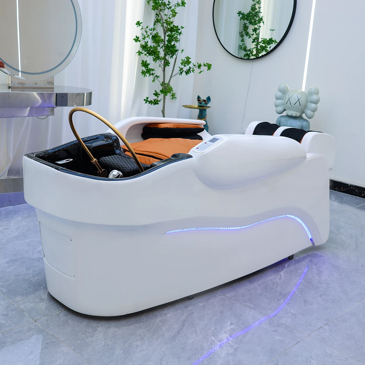 White & Orange Thai Shampoo Bed with Massage & Blue LED Ambient Light, Reclining Head Spa Hair Washing Chair for Beauty Salon Ba