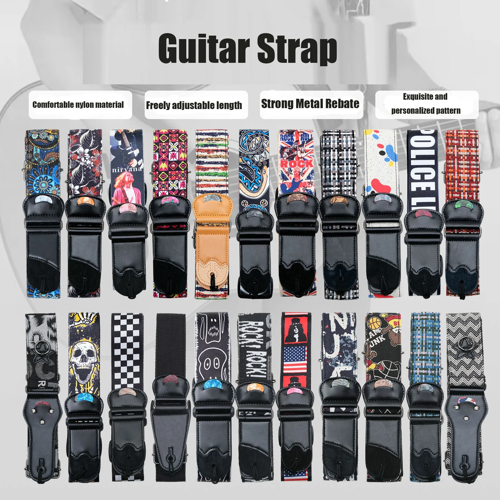 

New Electric Acoustic Guitar Bass Assorted Color Printed Polyester Strap Holds Pick Strings Guitar Accessories & Parts