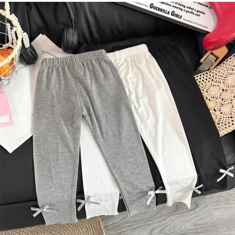 Spring Autumn Baby Girls Leggings Bow Decor Stretch Kids Pants Slim Fit Solid Color Casual Child Trousers for 0-8Y