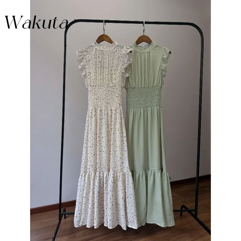 WAKUTA 日本の夏万能ニットヴィンテージカラーバッグ半袖トップハイウエストプリーツ半身スカート 2 点セット Y2k