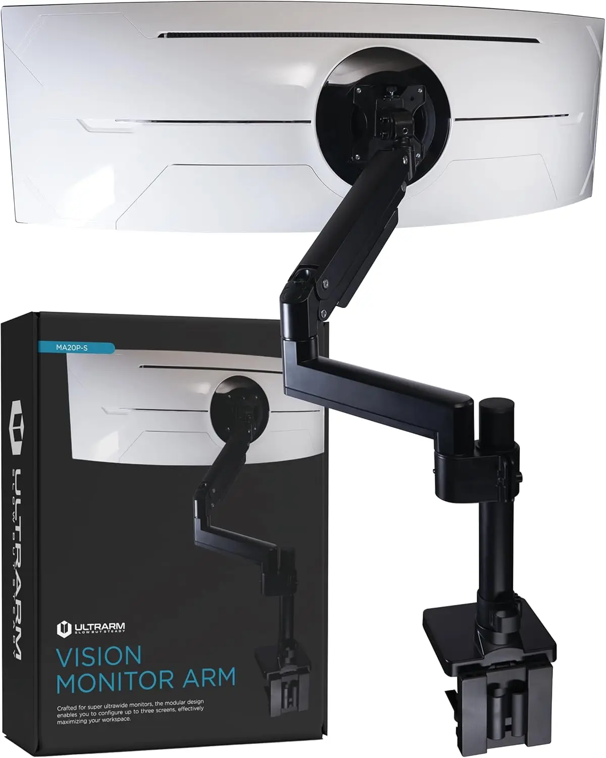 

Heavy Duty Monitor Arm for Ultrawide Screens up to 57", 44 lbs, Pneumatic Height Adjustable, Modular Extension Arms, VESA 100x100, Black