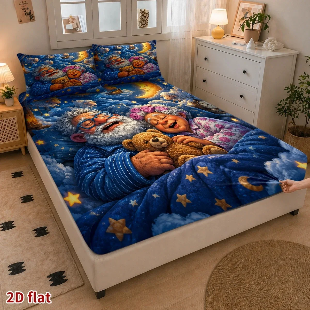 Grandparents' Cozy Time Series Bed Sheets Set Flower Printed Fitted Sheets with Pillowcase for Bed