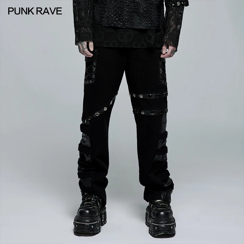 

PUNK RAVE Men's Punk Stylish Straight Non-elastic Denim Trousers Loose Casual Large Metal Decorative Buckle Pants Streetwear