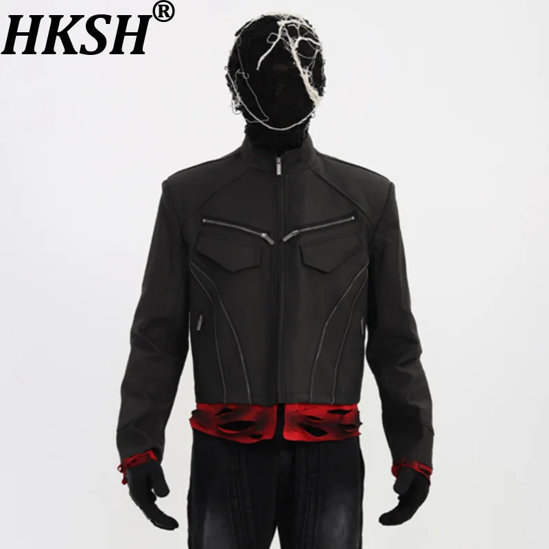 

HKSH Spring Autumn New Men Dark Punk Deconstructed Patchwork Fake Two-Piece Zipper Moto Biker Ins PU Leather Jacket Coat HK14323