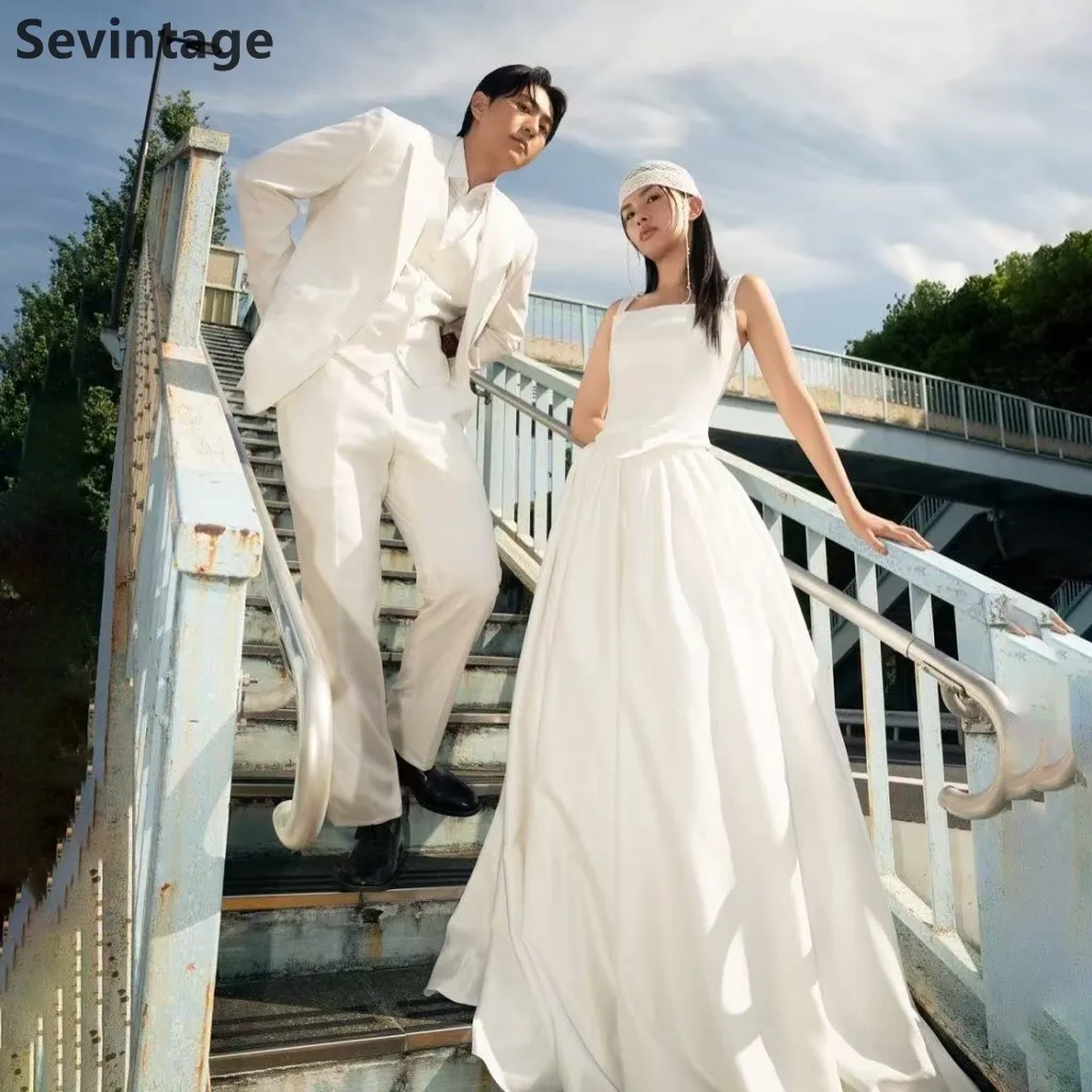 Sevintage marfil coreano una línea vestido de novia satén sin tirantes vestido de novia elegante vestidos de fiesta de boda 2025 personalizado