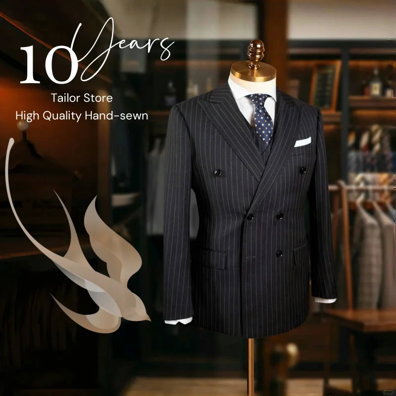 

Black Dark Striped Men's Suit Jacket Classic Double-breasted Blazer Business Casual Suit Suitable Banquets Parties Weddings