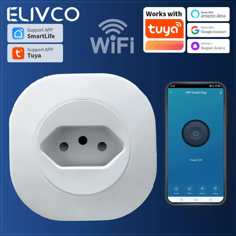 Tuya Brazil Plug WIFI 16A socket with Power Monitor, Smart outlet remote control, Voice with Google Home Alexa