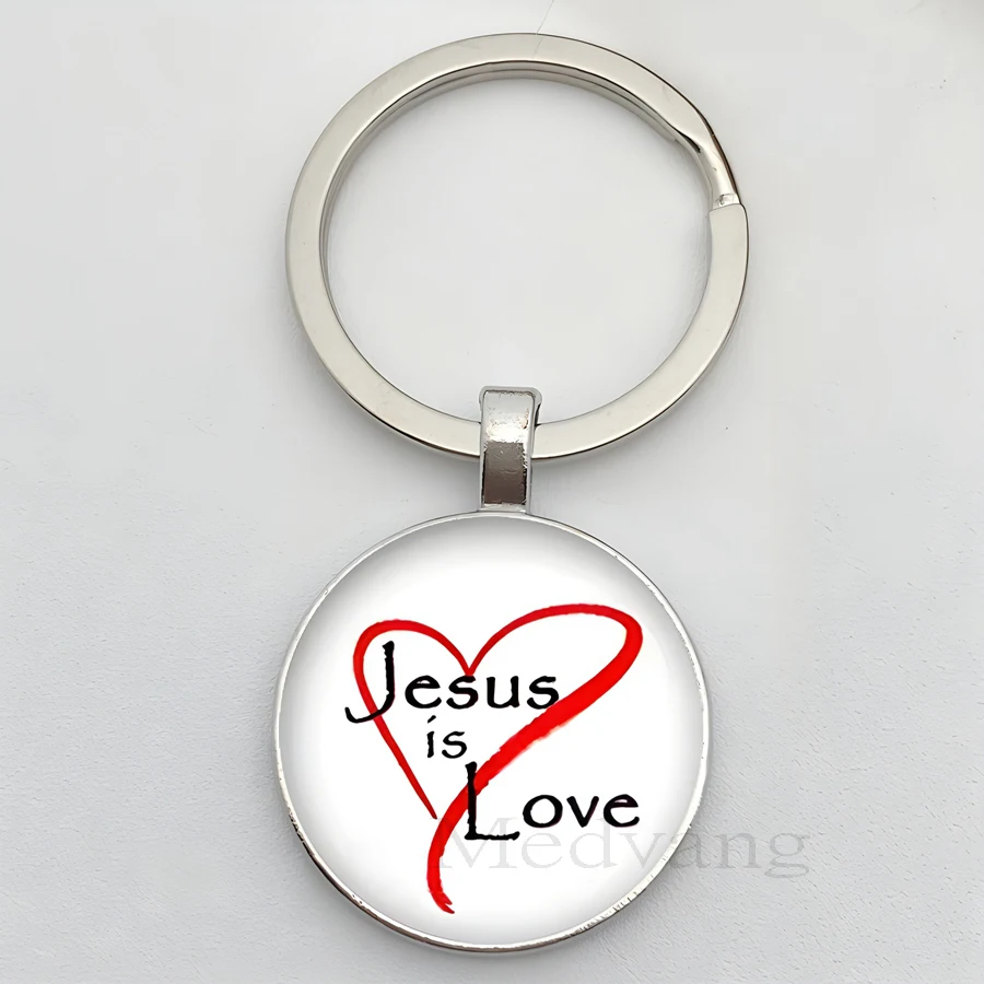 I Love Jesus Logo Fashion Keychain Jesus Pattern Glass Cabochon Car Key Chain Religious Jewelry Prayer Gift