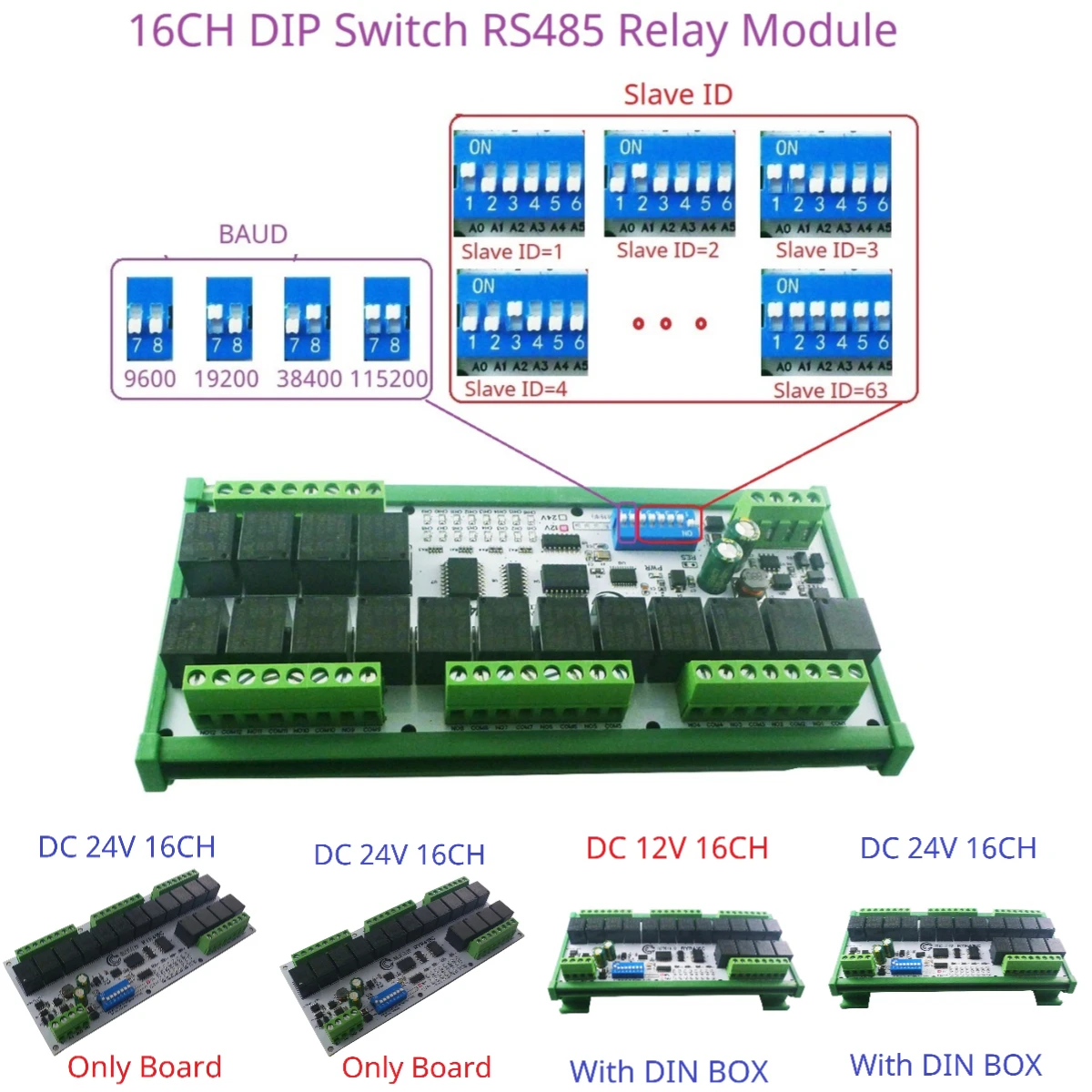 16CH DC 12V 24V RS485 Relay Module Momentary Self-locking Interlock Delay Modbus UART COM PC HIM PLC IO Expansion Board