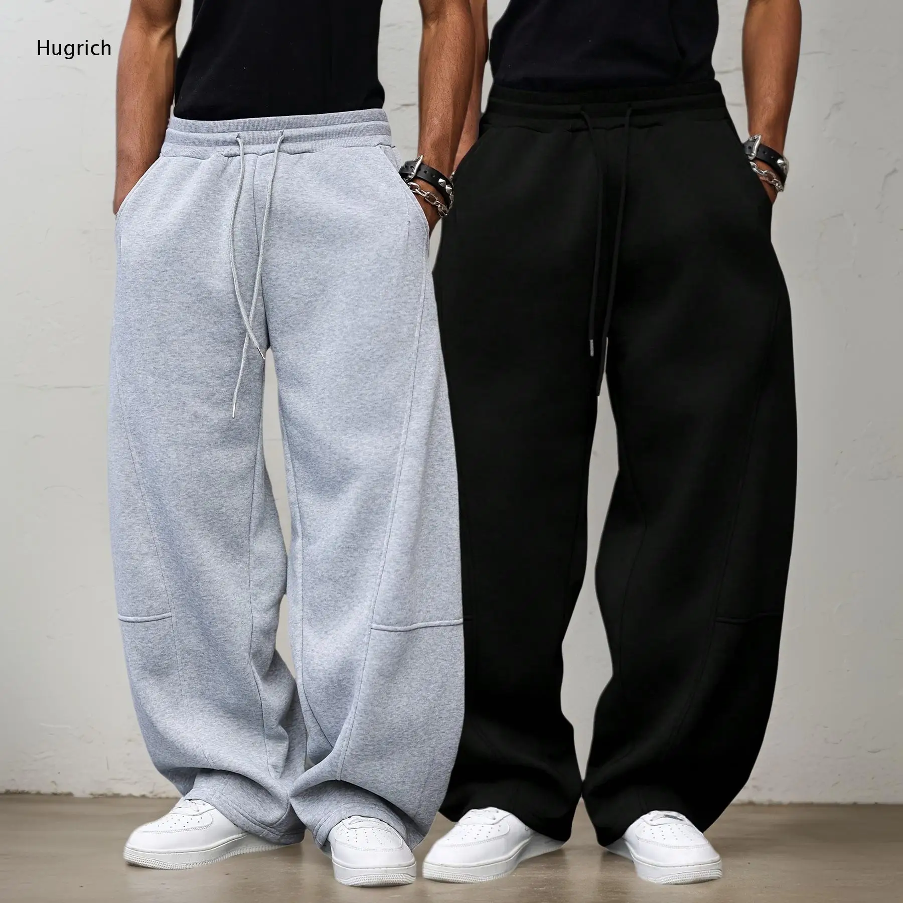 

Men's Soft Fabric Drawstring Waist Panel Seam Detail Oversized Wide Leg Street Sweatpants
