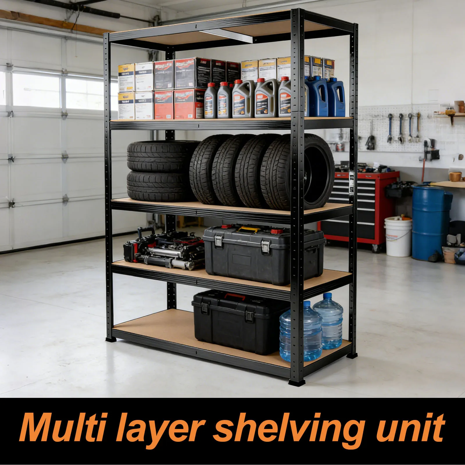 Schwerlast-Metallregal mit 5 Ebenen, 1000 kg Tragkraft, schraubenloser Rahmen, einfache Montage, verstellbare Aufbewahrung mit 5 MDF-Regalböden für Zuhause