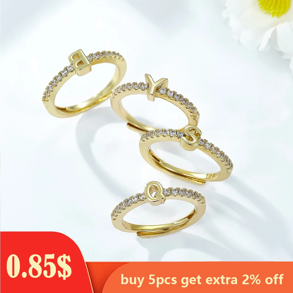 

BenS 26 letters rings for women Gold color Initials letters men rings Brass cubic zirconia opening Couple Ring wholesale R01