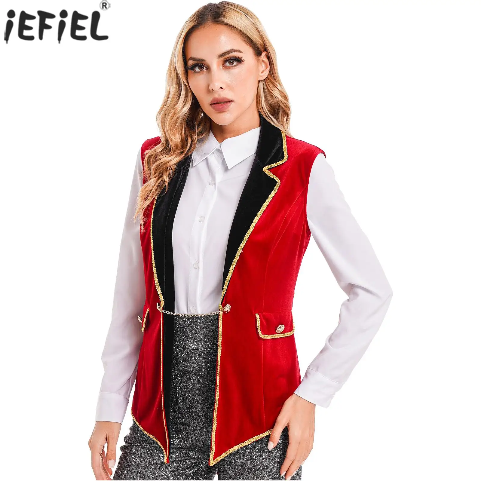 

Lyrical Womens Formal Occasion Magician Circus Tailcoat Costume Ringmaster Performance Coat Lapel Sleeveless Velvet Jackets